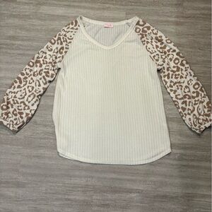 Pink Lily Cream and Brown Leopard Sleeve Top